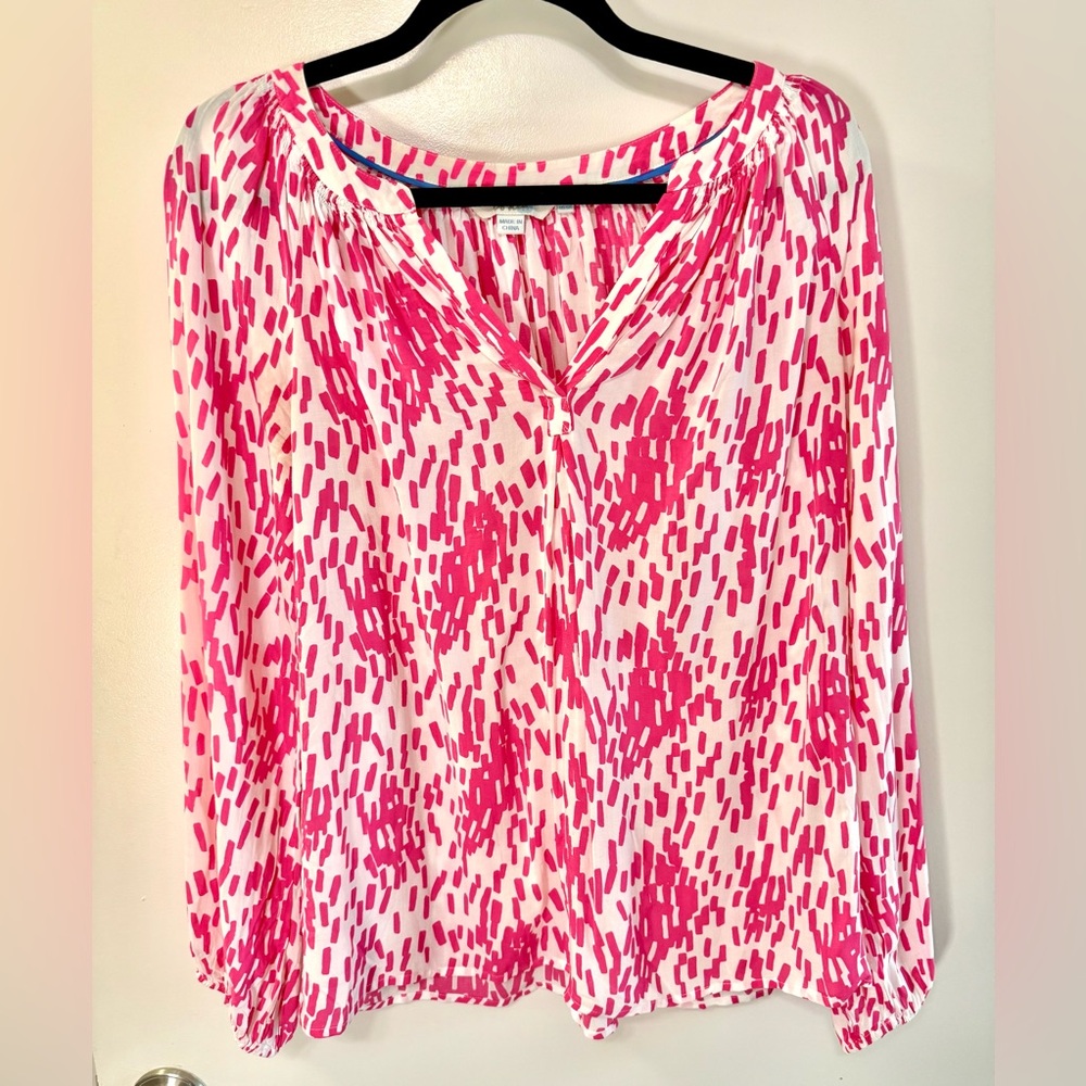 Boden Confetti Tropical V Neck Popover Balloon Sleeve Tunic in Pink and White 6